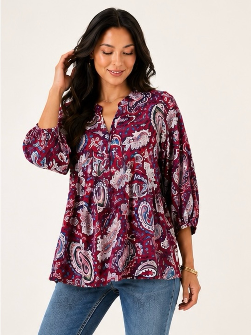 Paisley Wine Mixed Tiered 3/4  sleeve baby Doll Tunic Top - Picture 2 of 7